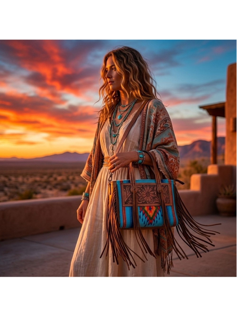 American Darling Saddle blanket Sunset Boho Western Fringe Tote